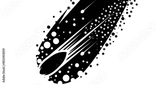 Stylized black and white comet streaking through space.