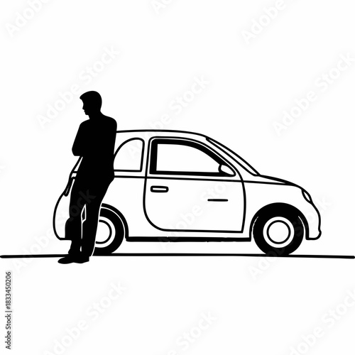 “Silhouette of a man leaning against a small car.”
