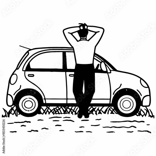 “Silhouette of a man leaning against a small car.”