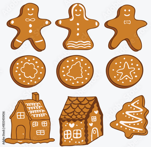 Hand drawn vector illustration set of sweet gingerbread men, decorated cookies, and festive winter houses with white icing. Collection for New Year, winter celebration, greeting cards, pastry shop 