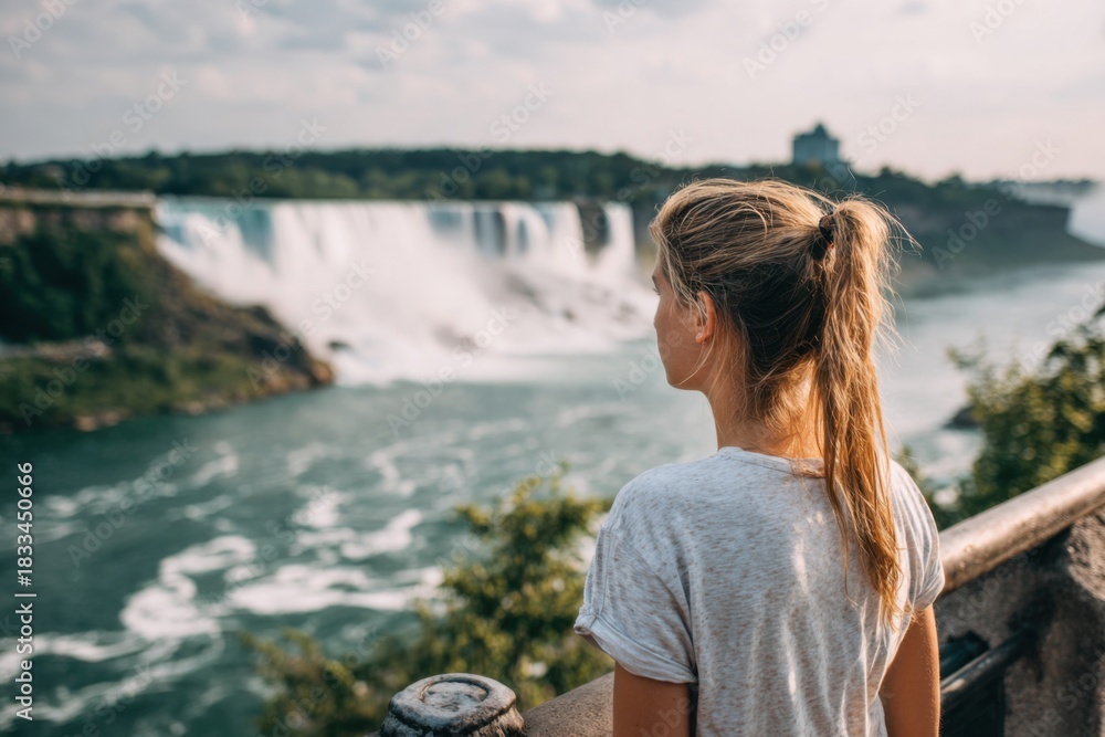Fototapeta premium Young Woman Admiring Waterfall Beauty