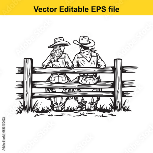 black and white vector illustration of a cowboy and cowgirl couple sitting closely together on a wooden fence, viewed from behind, suggesting romance and country life