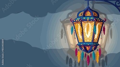 Festive lantern illuminating a celebratory street scene. Mardi Gras holiday poster, copy space