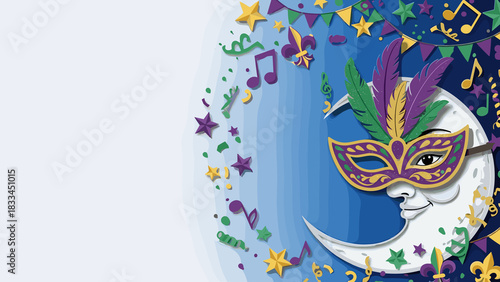 Moon wearing Mardi Gras mask adorned with colorful decorations. Mardi Gras holiday poster, copy space