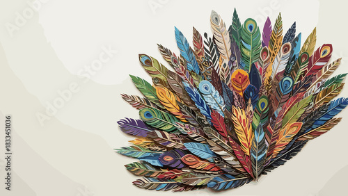 Colorful paper collage of ornate feathers in fan shape. Mardi Gras holiday poster, copy space