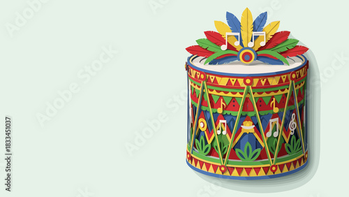 Decorated carnival drum design with vibrant colors and details. Mardi Gras holiday poster, copy space
