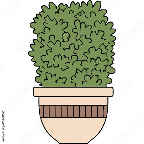 A Lush Green Bush Growing In A Detailed Beige And Brown Ceramic Planter With A Stylized Outline On A Transparent Background