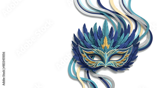Feathered mask design with flowing ribbons in vibrant colors. Mardi Gras holiday poster, copy space