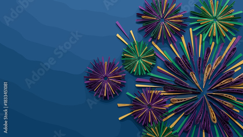 Festive paper cut fireworks composition in vibrant colors. Mardi Gras holiday poster, copy space