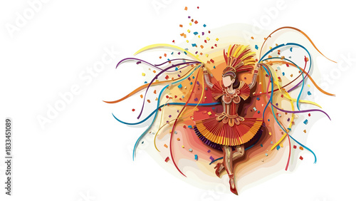 Paper artwork of a parade dancer swirling with colorful ribbons. Mardi Gras holiday poster, copy space