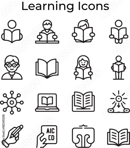E-learning icon set in editable stroke. Vector illustration of digital education, online course, audio course, educational website, distance learning
