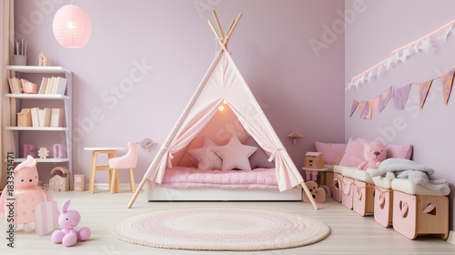 Whimsical Pink Teepee Bedroom Oasis for Young Girls Filled with Plush Toys and Cozy Bedding