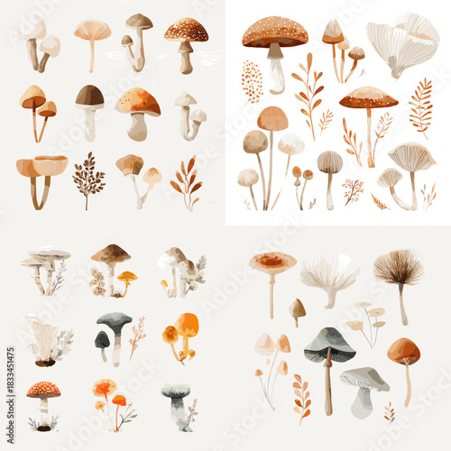 Collection of watercolor mushrooms in earthy tones featuring various fungi shapes and botanical elements perfect for nature design autumn themes and organic illustrations.