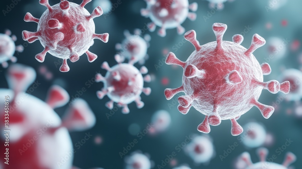 Obraz premium Red Virus Cells Microscopic View of Illness, infection , disease