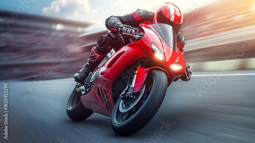 Dynamic professional motorcyclist aggressively leaning into a sharp turn on a bright red sport bike during a high-speed race event