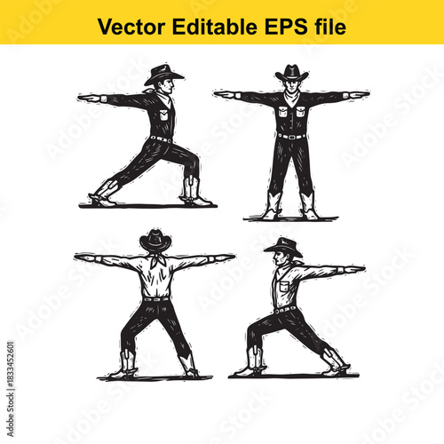 collection of four vector editable eps file illustrations depicting cowboys in various dynamic poses with arms outstretched, drawn in a detailed black and white sketch style