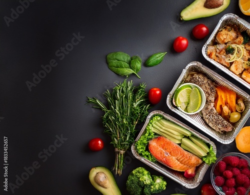 healthy food background take away of natural organic meals in foil boxes fitness nutrition meat vegetables and fruits top view flat lay restaurant dishes delivery
