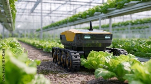 Autonomous agricultural robot efficiently harvesting fresh lettuce on a modern eco friendly farm
