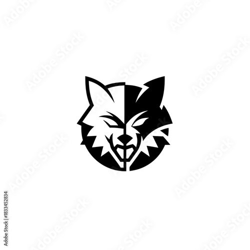 Monochrome wolf head split in half logo on transparent background silhouette