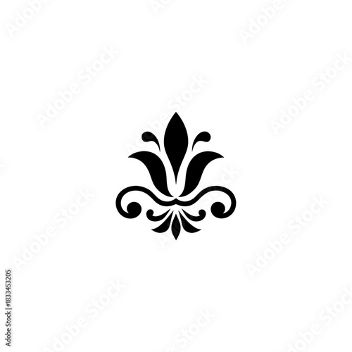 Floral decorative element in black ink on transparent background silhouette
