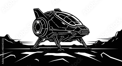 Futuristic Spaceship Landing on Alien Planet Surface.