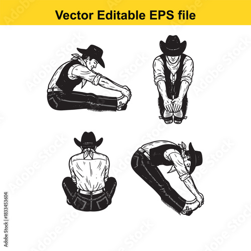 set of four black and white vector illustrations depicting a cowboy performing seated hamstring and lower back stretching exercises from different angles, isolated on white background