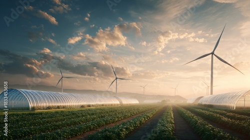 Rural landscape featuring wind turbines and greenhouses  a smart agriculture concept at sunrise