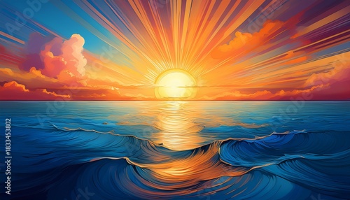 a vibrant graphic featuring a bright sun rising over a calm ocean symbolizing hope and new beginnings dawn sunrise