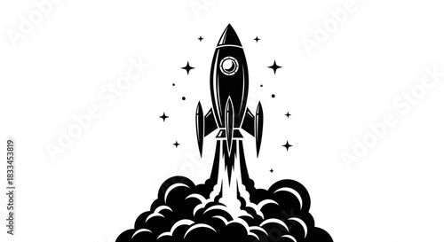 Rocket Launching into Space with Smoke and Stars Illustration.