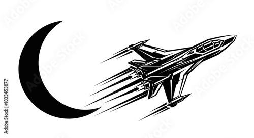 Jet fighter soaring through the sky near a crescent moon illustration.