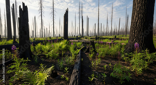 Forest Floor with New Growth of Ferns and Purple Flowers Amidst Burnt Tree Stumps and Logs