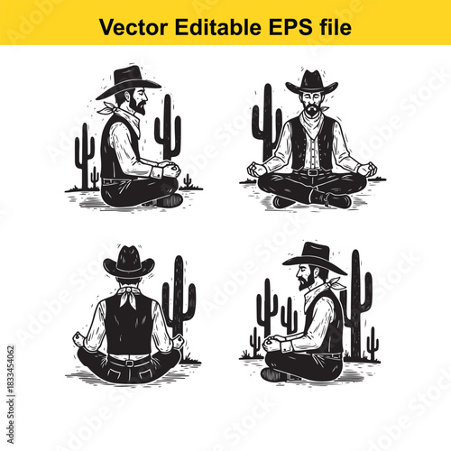 four black and white vector illustrations of cowboys wearing hats and vests meditating in a lotus position with cactus silhouettes in the background
