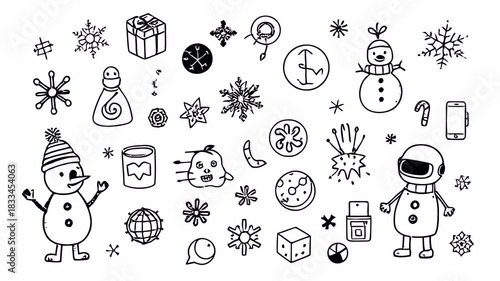 Hand-drawn doodle animation with alpha channel on transparent background showing snowmen, gifts, stars, ornaments and cheerful winter symbols.