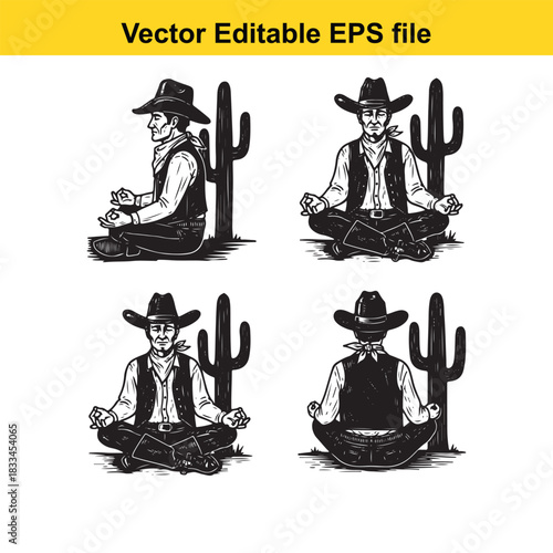 collection of four black and white vector illustrations depicting cowboys meditating in a lotus position next to saguaro cactus plants, perfect for western or mindfulness themes