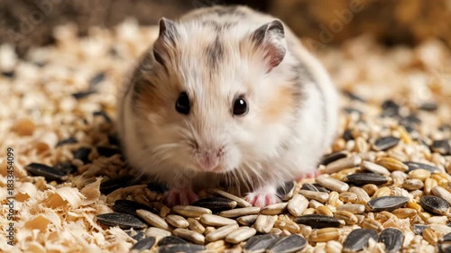 Cute hamster enjoys its snack in cozy habitat filled with seeds and soft bedding at home Generative AI