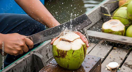 Hands Chopping a Green Coconut with a Large Knife, Water Splashing, and Other Coconuts Nearby Keywords: coconut, green coconut, chopping, cutting, knife