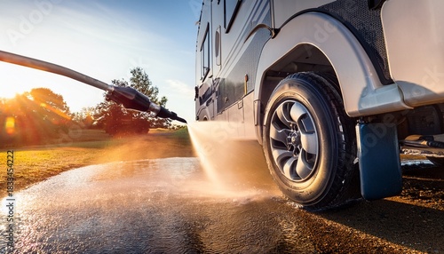 a close up image showing the process of cleaning an rv with a high pressure water hose focusing on the wheel