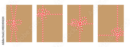 Four brown kraft backgrounds with red and white striped string bows, minimal Christmas and holiday present wrapping design