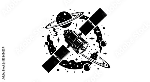 Detailed Illustration of a Space Satellite in Orbit Around a Planet.
