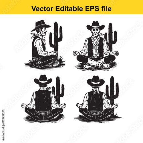 set of four vector illustrations depicting cowboys wearing hats and bandanas sitting in a meditative lotus pose next to tall saguaro cactus plants, black and white line art