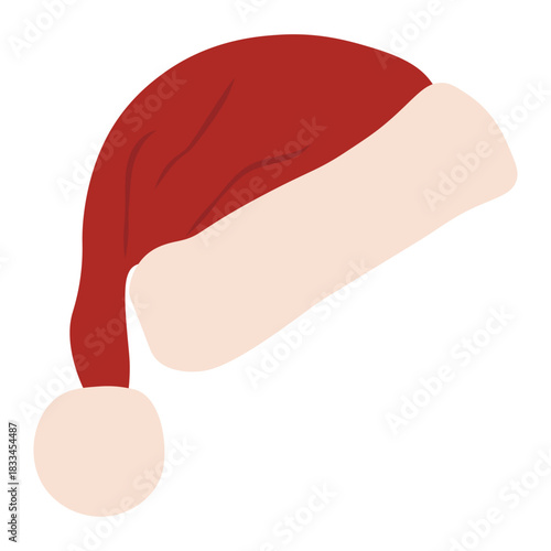 Classic long Santa hat with big pompom. Whimsical holiday accessory for Christmas design and seasonal illustration