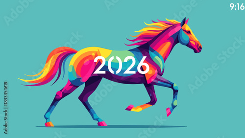 A vibrant, abstract illustration of a galloping horse in a rainbow of colors, with the year 2026 prominently displayed on its flank.