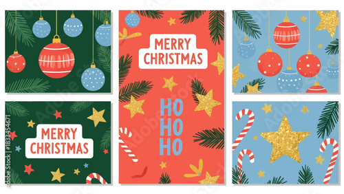 A collection of five festive Christmas greeting cards featuring traditional holiday motifs like ornaments, stars, candy canes, and pine branches.