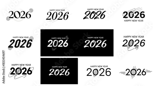 A collection of various graphic designs for the year 2026, wishing a Happy New Year in different styles and layouts.