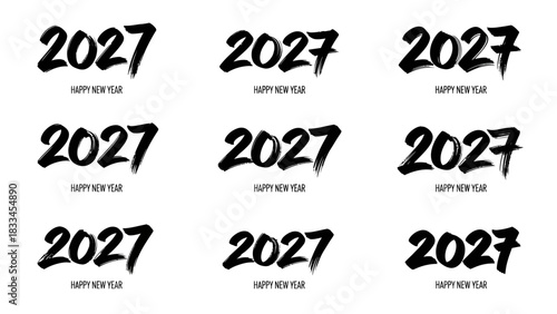 Nine instances of the year 2027, written in a bold, brushstroke style, with 'Happy New Year' below.