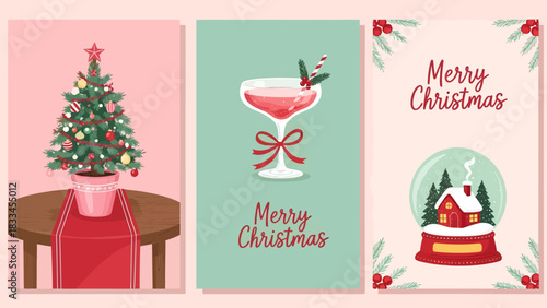 Collection of three illustrated Christmas greeting cards featuring a tree, cocktail, and snow globe.
