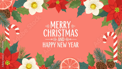 Festive Christmas and New Year greeting card with floral frame and text on a coral background.