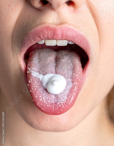 Oral Thrush - A Close-Up View of Candida Infection on the Tongue.