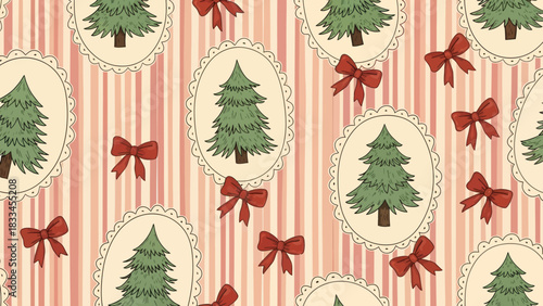A vintage-style Christmas pattern featuring evergreen trees in oval frames and red bows on a striped pink background.