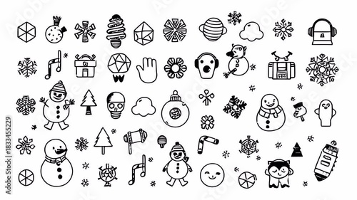 Hand-drawn doodle animation with alpha channel on transparent background featuring winter icons, gifts, snowmen, ornaments and festive holiday elements.
